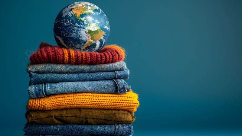 Das Bild zeigt den Planeten Erde auf einem Kleiderstapel. Es soll die Relevanz nachhaltiger Textilien verdeutlichen.