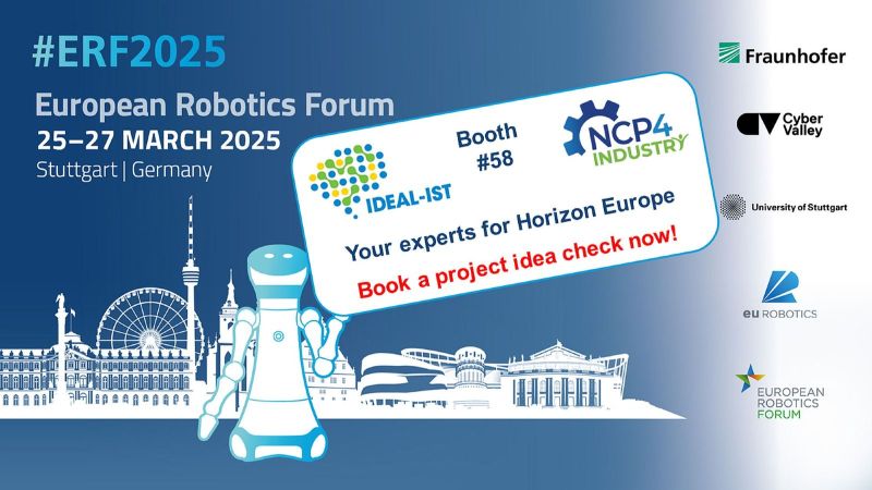 Werbe-Banner zum European Robotics Forum 2025: Ein Roboter vor der Skyline von Stuttgart mit den Logos der Organisatoren. 